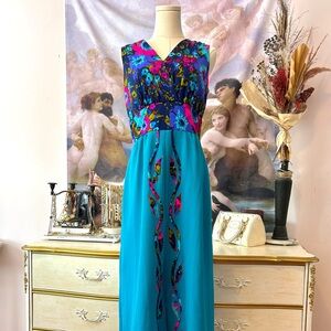 Vintage 1970's Floral Blue Maxi Dress!